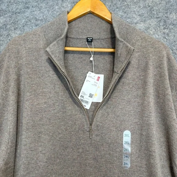 Uniqlo 100% Cashmere Sweater Mens 3XL Quarter Zip Soft Mock Neck Ribbed Hem NEW